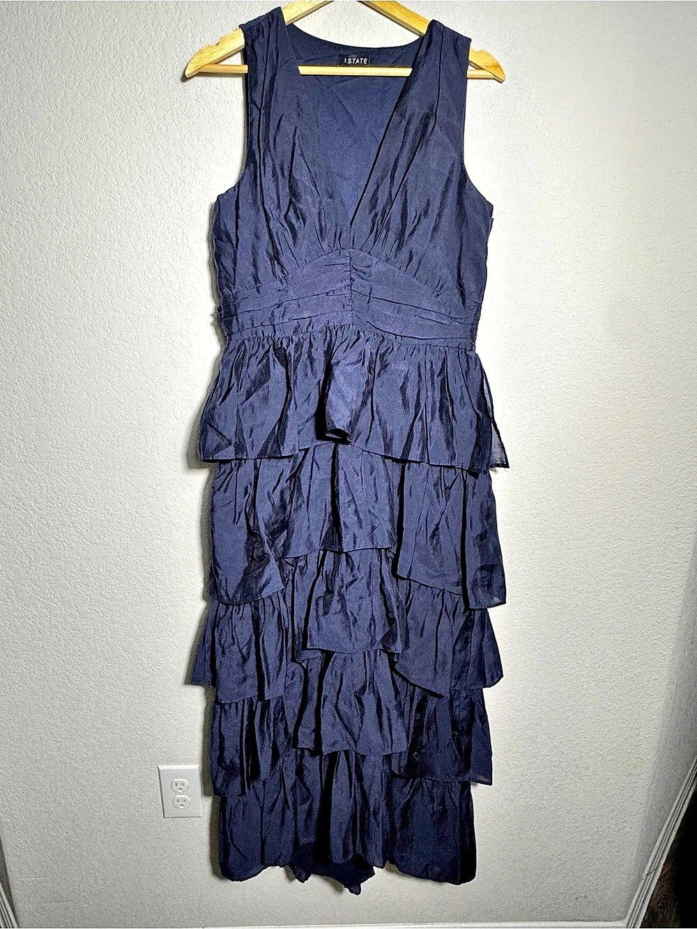 1.STATE Tiered Maxi Dress navy Blue Size 10 regal boho coquette